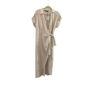 NWT Zara cream windowpane checked 40s vintage look long tie waist shirtdress
